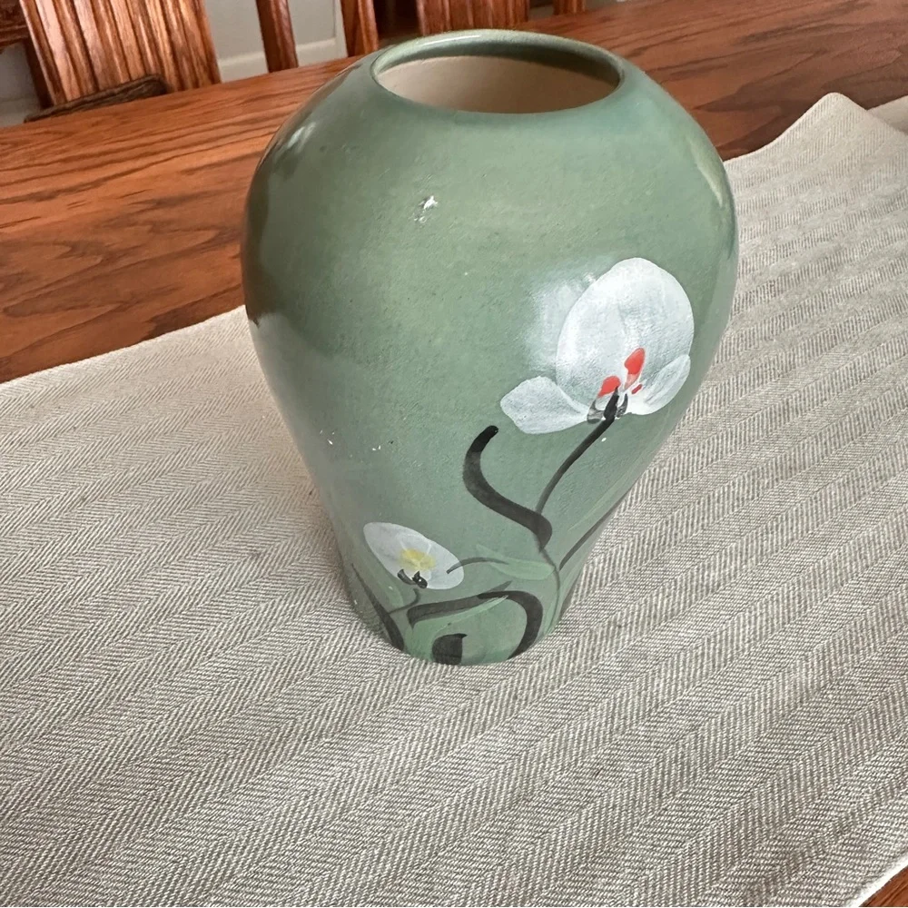 Vintage hand painted green floral vase